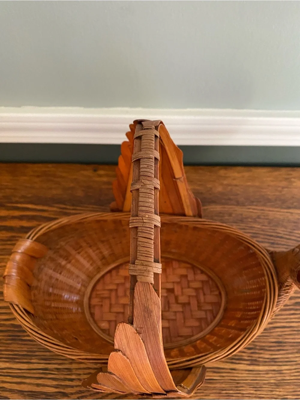 Vintage Woven Wicker Rattan Duck Basket Angled Neck Wood Beak Eyes